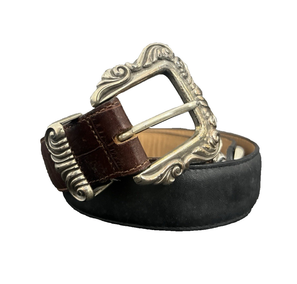 Brighton Belt Brown & Black Leather Silver Buckle L24109 Buckle Dated VTG '96